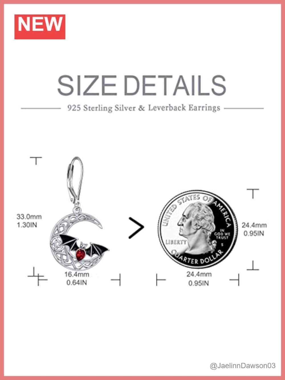 Moon Bat Dangle Leverback Earrings 925 Sterling Silver Red CZ - Picture 2 of 2